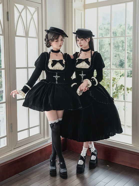Square Neck Waist Boned Velvet OP Lolita (Gemini Winter Collection)