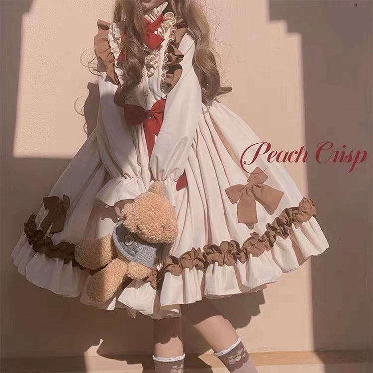 Tea Rose Charm Lolita Dress - Classic Long Sleeve OP with Ruffles and Velvet Bows