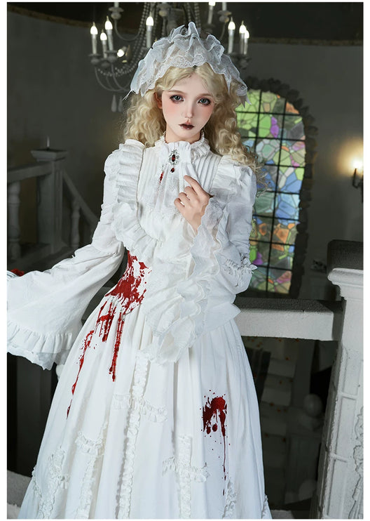 Gothic Lolita White Dresses with Bloody Accents, Delicate Lace and Charming Design