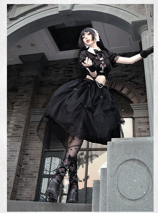 Gothic Black Rose Embroidery Cut-Out Blouse with Asymmetrical Lolita Dress Set