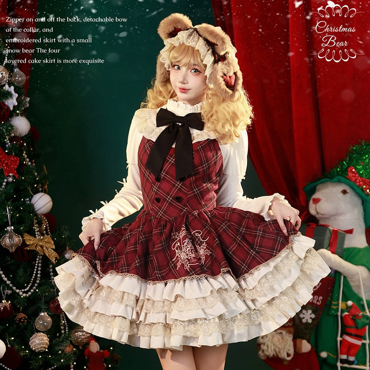 Chestnut Bear Cocoa Lolita Christmas Plaid Cloak JSK — Winter Vibe