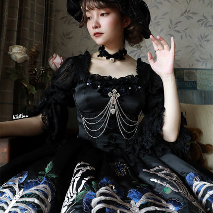 S-XL Skeleton Fishbone Skirt JSK Embroidered Beaded Dark Mysterious Dress Lolita Gown