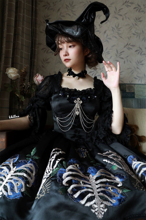 S-XL Skeleton Fishbone Skirt JSK Embroidered Beaded Dark Mysterious Dress Lolita Gown