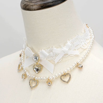 Edgy Punk Style Elaborate Double-Layer Necklace with Pearls and Gemstone Choker Lolita Collarbone Chain