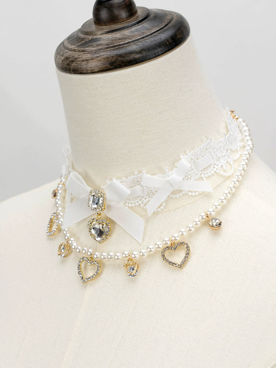 Edgy Punk Style Elaborate Double-Layer Necklace with Pearls and Gemstone Choker Lolita Collarbone Chain