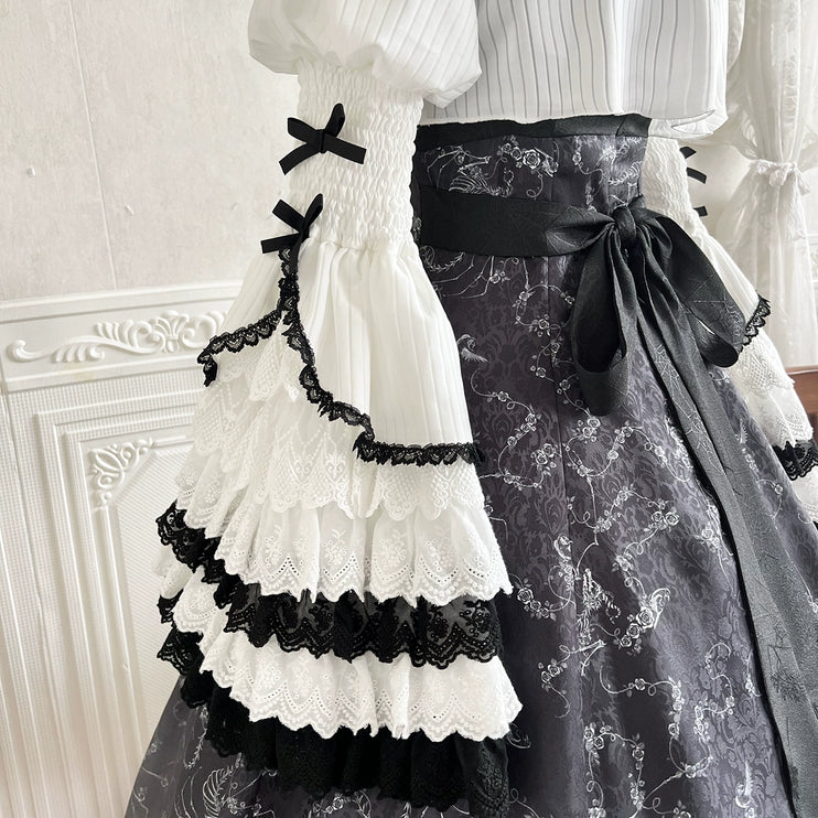 Gothic Victorian Lolita Set – High-Neck Lace Blouse & Gradient Layered JSK with Embroidered Bodice and Ruffled Sleeves