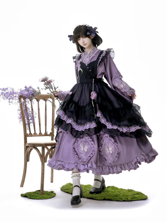 Elegant Purple and Black Lolita Dress with Intricate Lace Details
