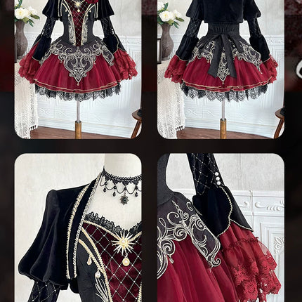 Gothic - Lolita Dress: Red & Black Elegance with Intricate Embroidery and Fluffy Sleeves