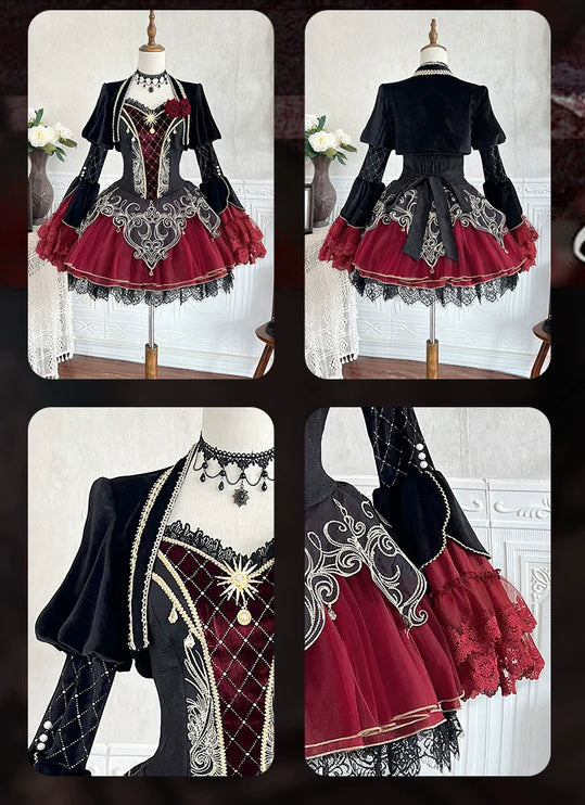 Gothic - Lolita Dress: Red & Black Elegance with Intricate Embroidery and Fluffy Sleeves