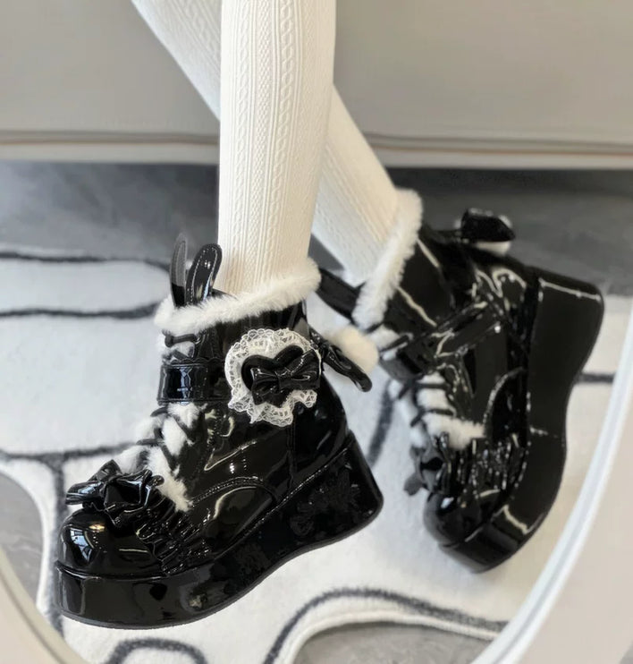Furry - trimmed Lolita Boots with Bow - buckle and Thick Platform