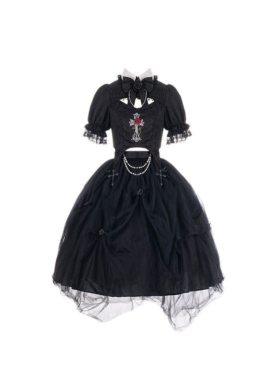 Midnight Rose Gothic Lolita Set - Embroidered Cutout Blouse with Cross and Pearl Accents