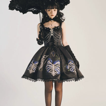 S-XL Skeleton Fishbone Skirt JSK Embroidered Beaded Dark Mysterious Dress Lolita Gown