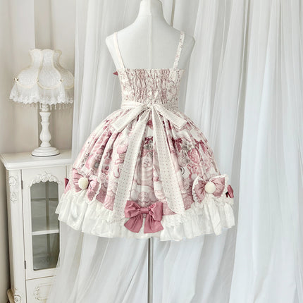 Lolita Capelette Dress Set with Bow - detail and Lace Trim, Pastel Pink and White Color Scheme