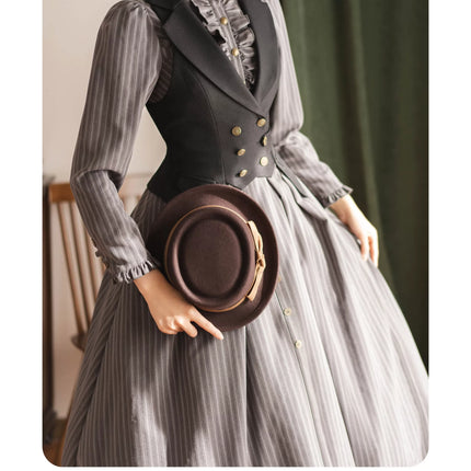 Long - striped dress with a tailored waistcoat, vintage charm in every stitch