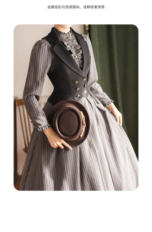 Long - striped dress with a tailored waistcoat, vintage charm in every stitch