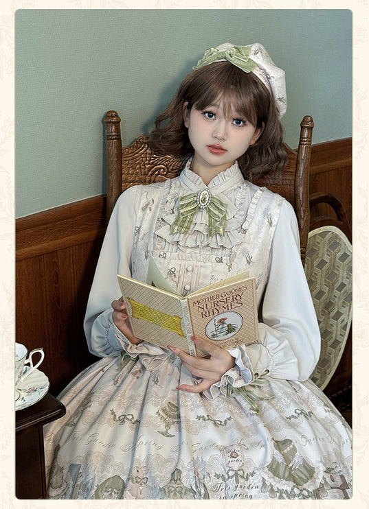 Whimsical Floral Lolita Dress – Tiered Skirt with Detachable Bows & Crisscross Ribbon Details