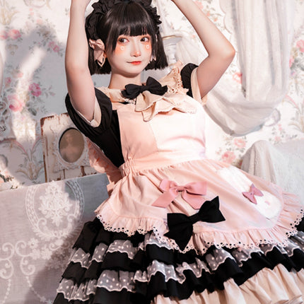 Sweet Pink Lolita Apron with Puff Sleeves OP Maid Lolita Dress