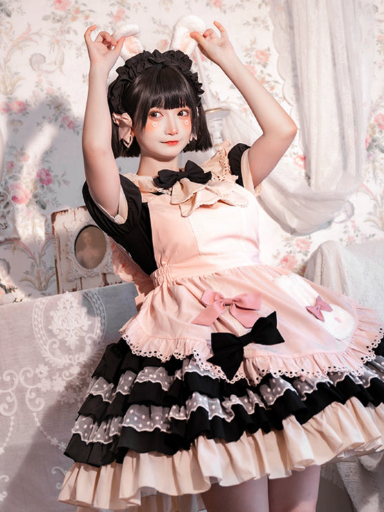 Sweet Pink Lolita Apron with Puff Sleeves OP Maid Lolita Dress