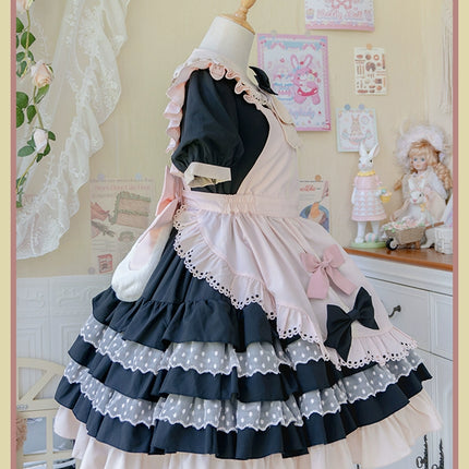 Sweet Pink Lolita Apron with Puff Sleeves OP Maid Lolita Dress