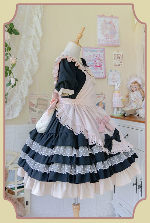 Sweet Pink Lolita Apron with Puff Sleeves OP Maid Lolita Dress