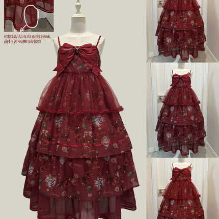 S-2XL Cherry Blossom Delight Lolita Dress – Sweet Vintage Print JSK/OP in Black, Red, Gray & White