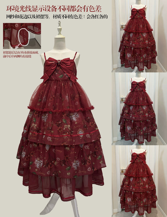 S-2XL Cherry Blossom Delight Lolita Dress – Sweet Vintage Print JSK/OP in Black, Red, Gray & White