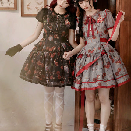 S-2XL Cherry Blossom Delight Lolita Dress – Sweet Vintage Print JSK/OP in Black, Red, Gray & White