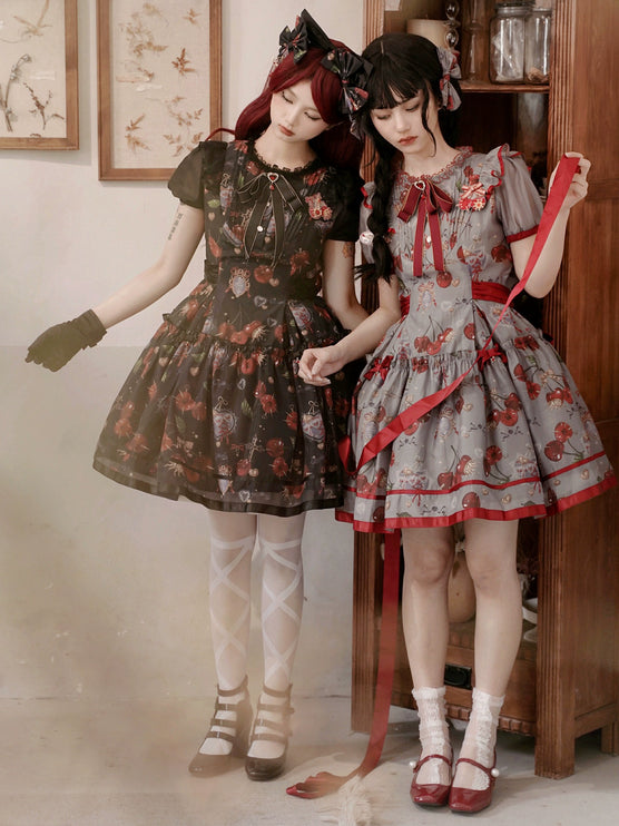 S-2XL Cherry Blossom Delight Lolita Dress – Sweet Vintage Print JSK/OP in Black, Red, Gray & White