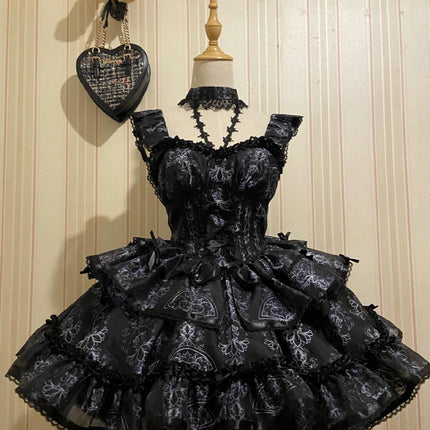 Black With Ornate White Embroidery Ballet Elegance Puffy Princess Dress Lolita JSK