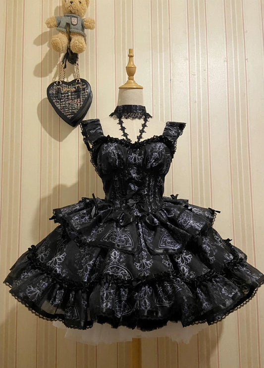 Black With Ornate White Embroidery Ballet Elegance Puffy Princess Dress Lolita JSK