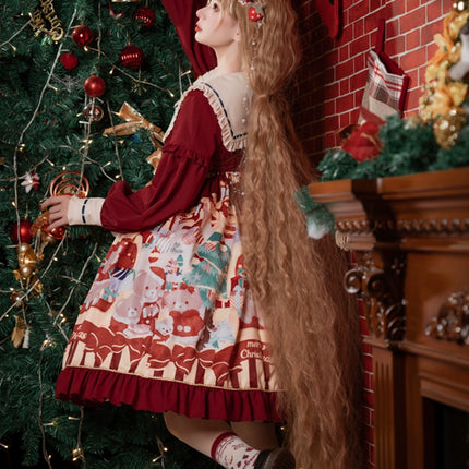 Christmas Teddy Lolita OP: Sweet High-Waist Princess Dress