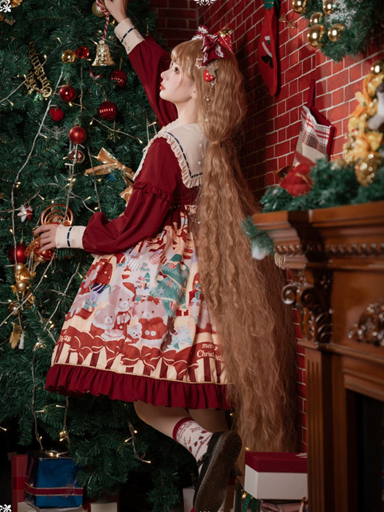 Christmas Teddy Lolita OP: Sweet High-Waist Princess Dress