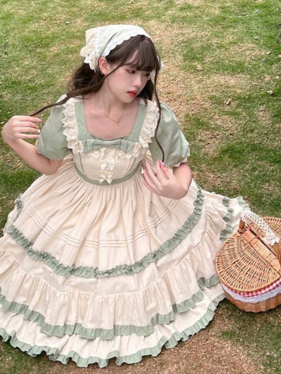 Sage Blossom Lolita Dress - Cottagecore Ruffled OP with Pastel Green Accents