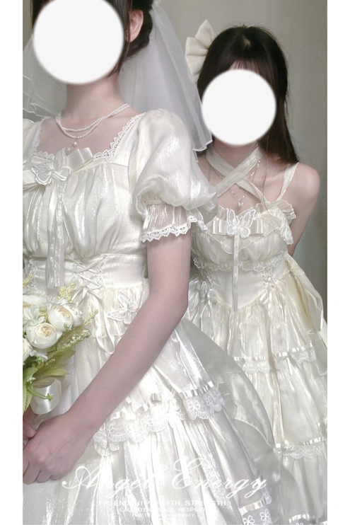 Elegant White Lolita Dress with Ruffled Skirt and Sheer Stockings