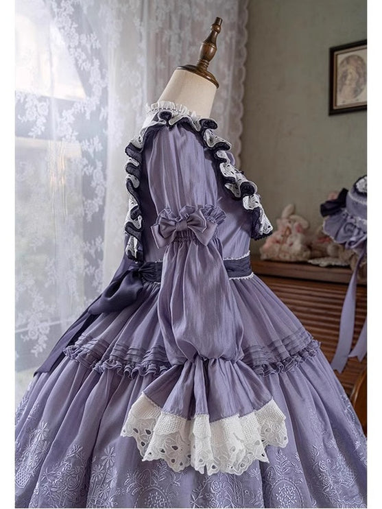 Elegant Lavender Lolita OP Dress with Lace and Ruffled Trims