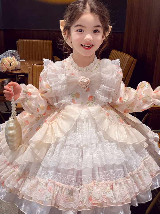Charming Pastel Pink Lolita Dress for Girls - Floral Embellished, Multi-Layered Skirt