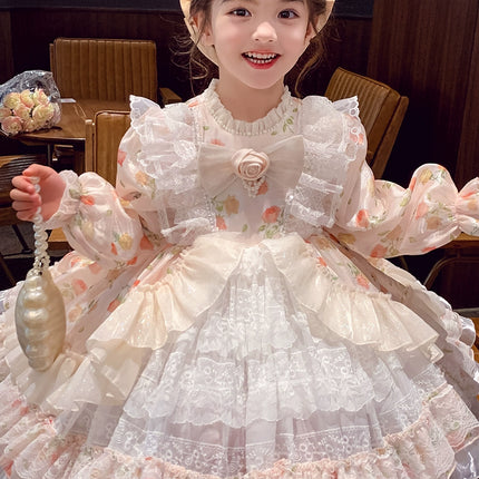 Charming Pastel Pink Lolita Dress for Girls - Floral Embellished, Multi-Layered Skirt, Perfect for Tea Parties and Special Occasions