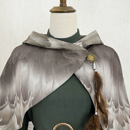 Fantasy - Style Capelet Dress with Embroidered Hem and Buckled Waist Belt