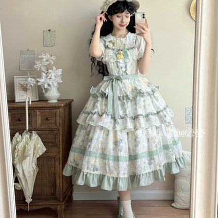 Pastel - hued Vintage - inspired Lolita Dress with Delicate Ruffles and Adorable Cartoon Prints