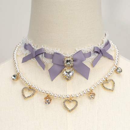 Edgy Punk Style Elaborate Double-Layer Necklace with Pearls and Gemstone Choker Lolita Collarbone Chain