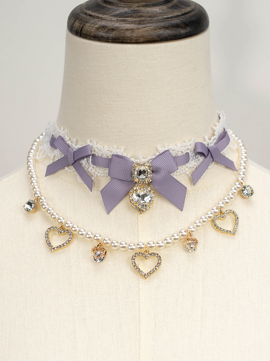 Edgy Punk Style Elaborate Double-Layer Necklace with Pearls and Gemstone Choker Lolita Collarbone Chain