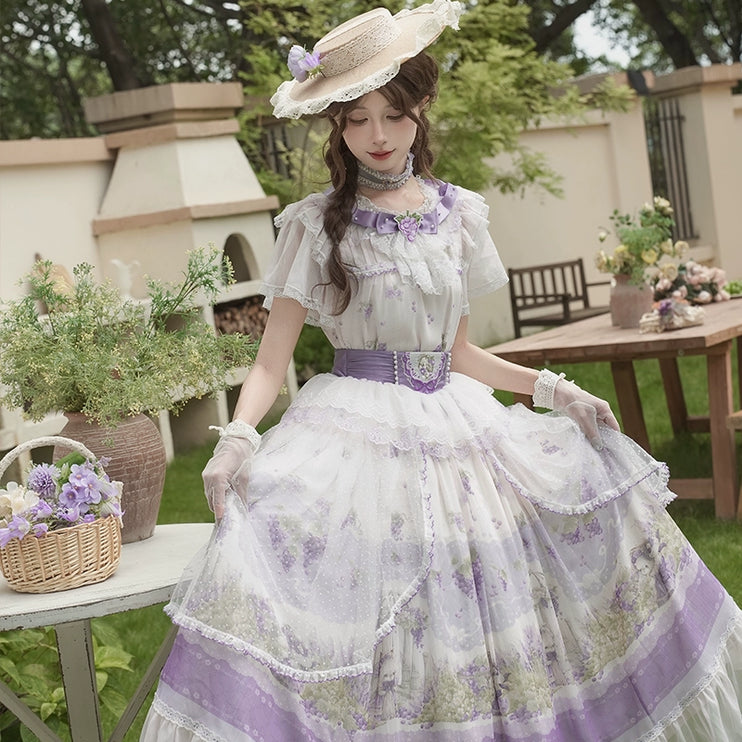 Lolita Dress - Delicate Purple - hued with Floral Patterns, Short - sleeved and Floor - length