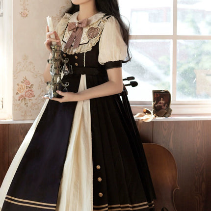 Cocoa Charm Lolita Dress - Elegant Short Sleeve OP with Striped Bow and Teddy Accent