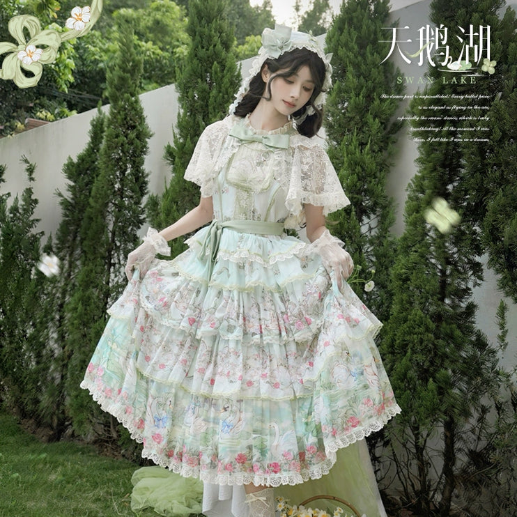 Elegant Vintage Floral Lolita JSK with Ruffled Details and Adjustable Waist Ties
