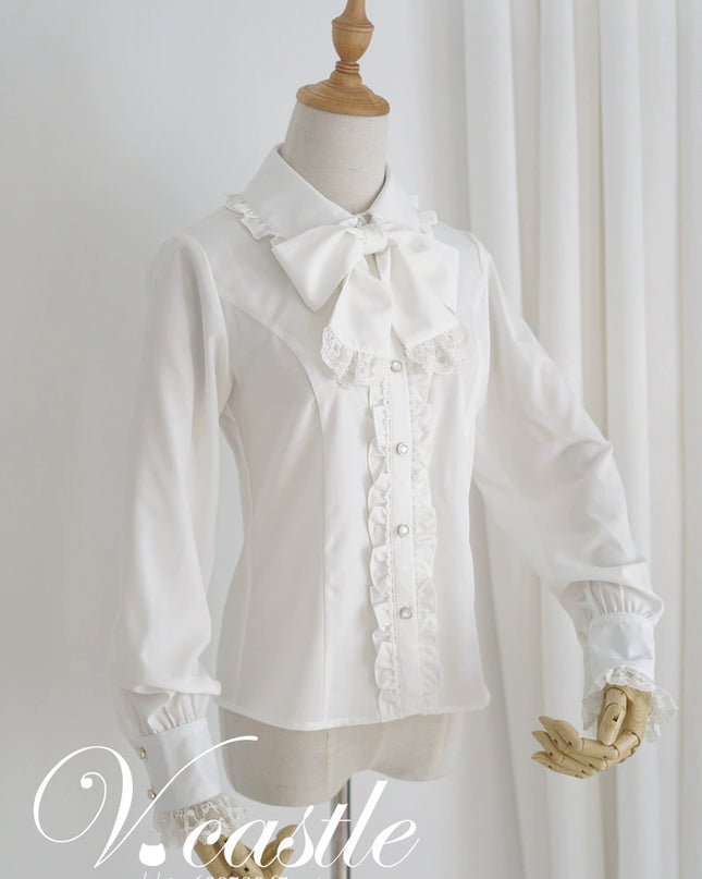 Lolita Versatile Bow-Tie Long Sleeve Blouse for Layering, White/ Black