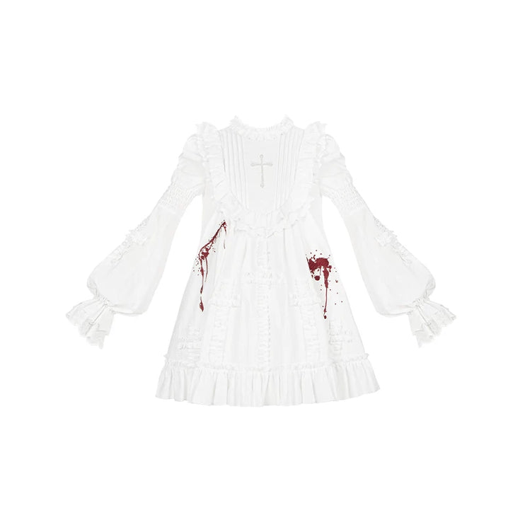 Gothic Lolita White Dresses with Bloody Accents, Delicate Lace and Charming Design