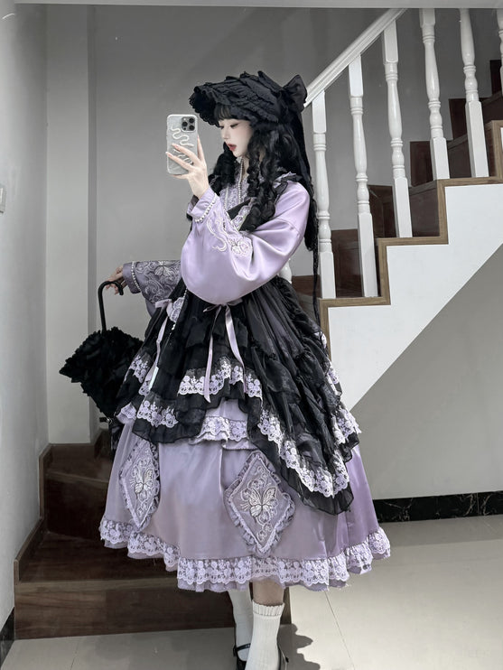 Elegant Purple and Black Lolita Dress with Intricate Lace Details