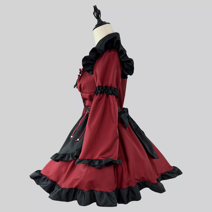 Gothic - Lolita Dress: Red & Black Charm with Frills and Lace - Up Detail