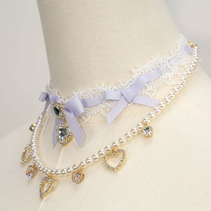 Edgy Punk Style Elaborate Double-Layer Necklace with Pearls and Gemstone Choker Lolita Collarbone Chain