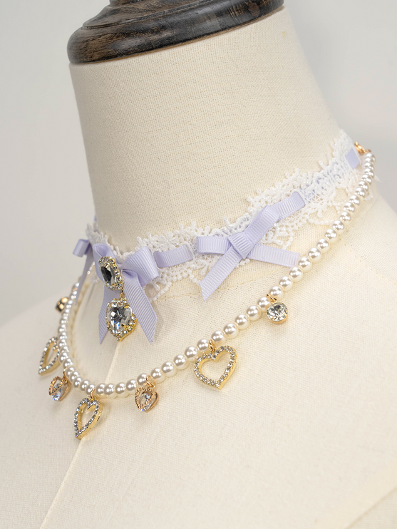 Edgy Punk Style Elaborate Double-Layer Necklace with Pearls and Gemstone Choker Lolita Collarbone Chain